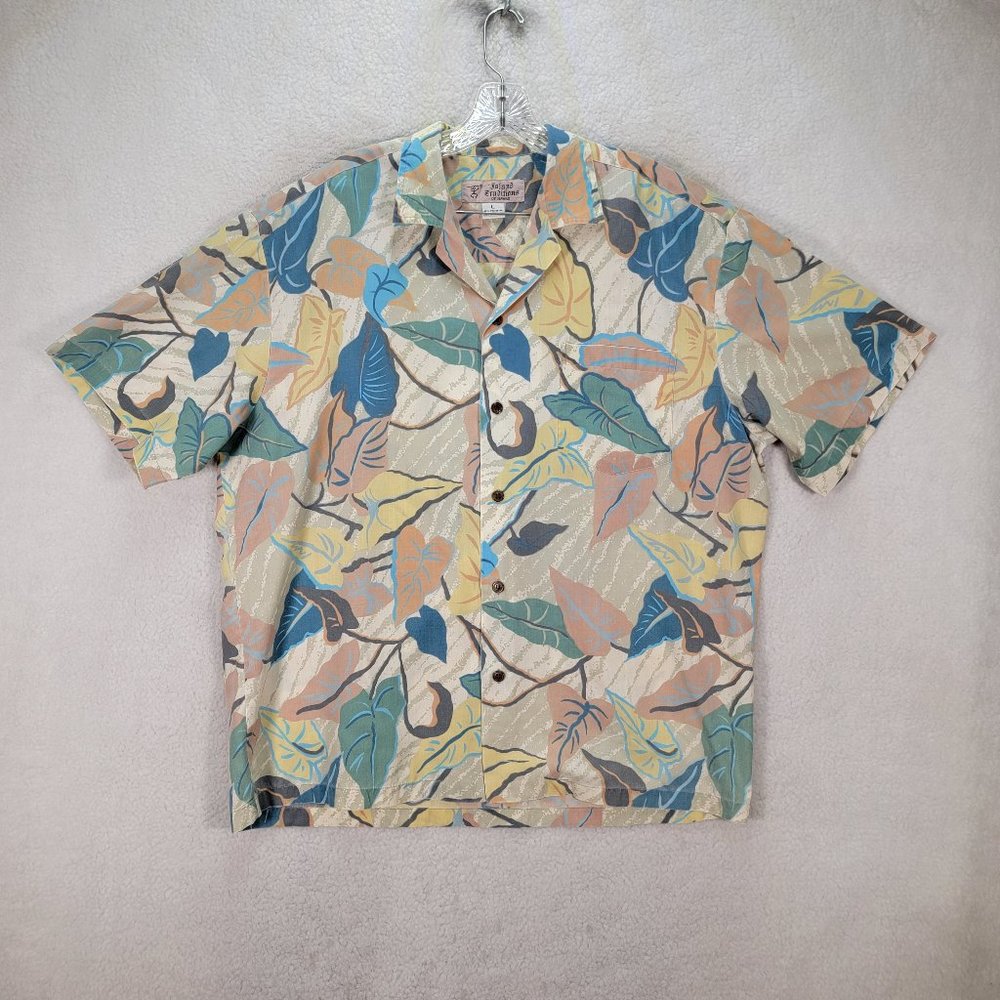 Island Traditions Beige Pastel Leaf Collared Button Down Casual Hawaiian Shirt